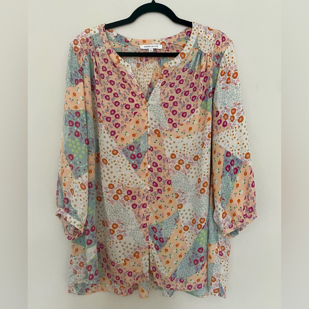 Rose + Olive Floral Patchwork Peasant Blouse Size 2X